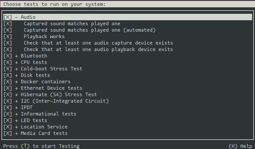 Checkbox test selection screen
